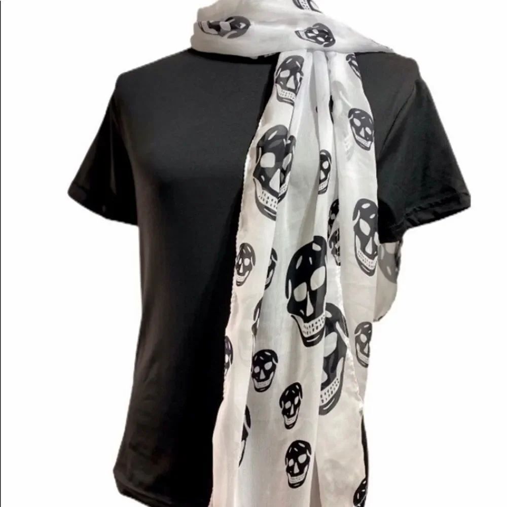 White Black Skulls Lightweight Long Scarf Neck Wrap, HeadScarf